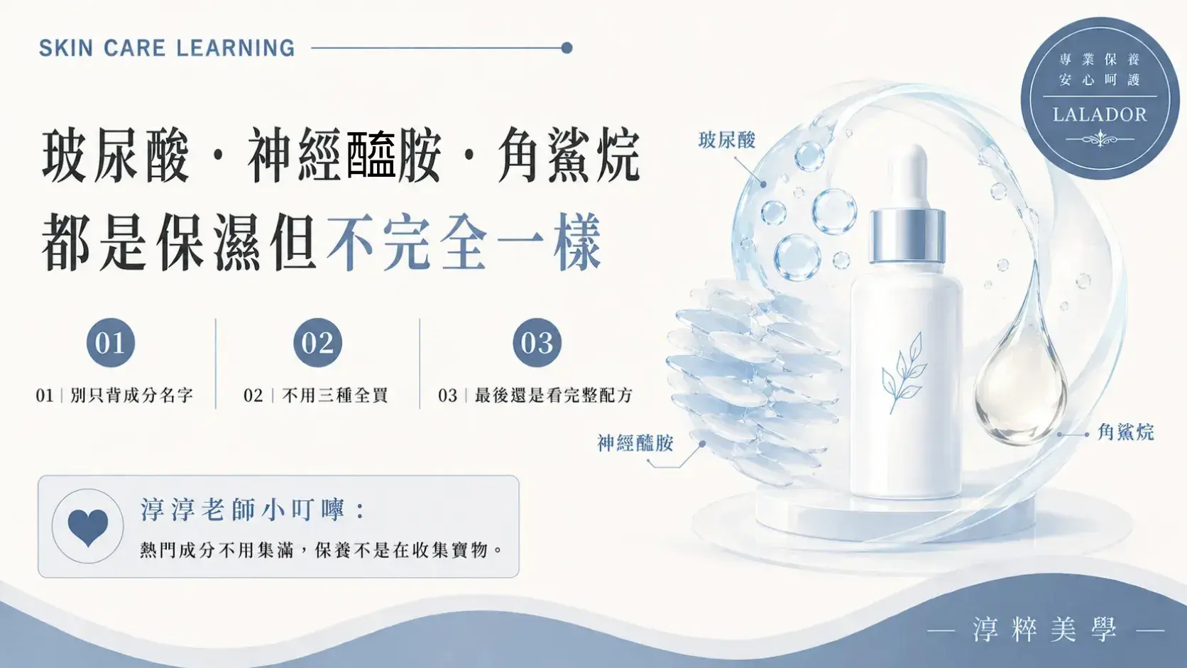 玻尿酸、神經醯胺與角鯊烷都是保養品常見成分，但在不同配方中的特性與使用方式不完全相同，不需要為了保濕刻意全部疊擦Hyaluronic Acid Ceramide Squalane Skincare