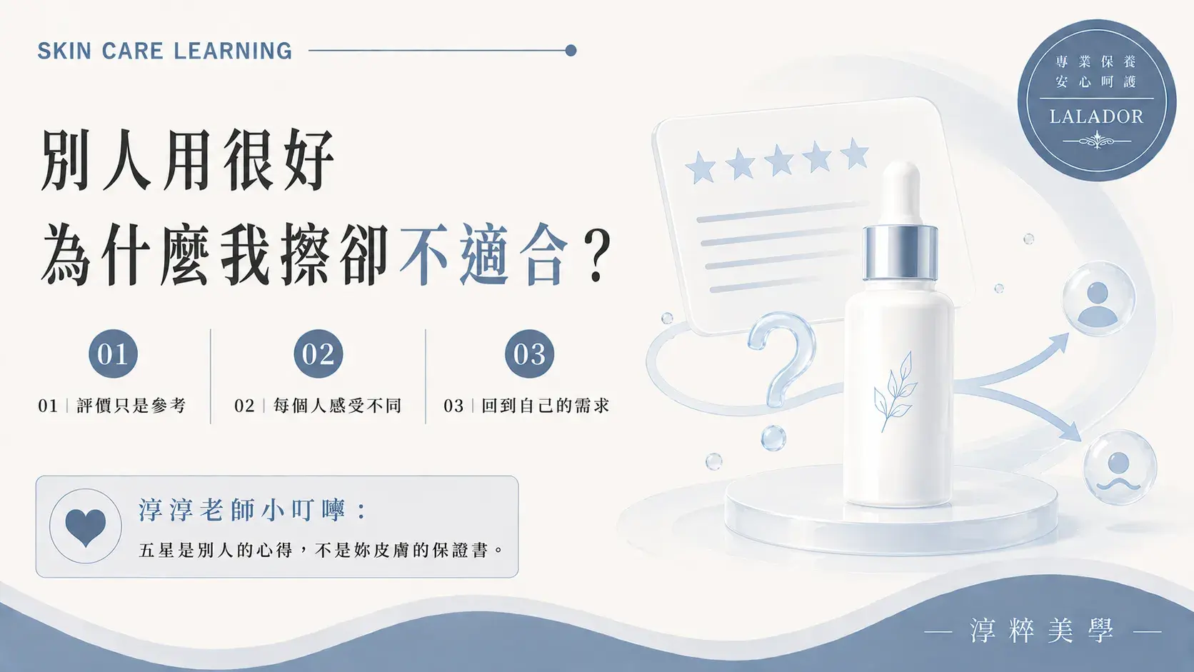 保養品網路評價可以作為選購參考，但每個人的膚況、使用方式、生活環境與質地偏好不同，別人的好評不代表一定適合自己Skincare Reviews Personal Skin Needs