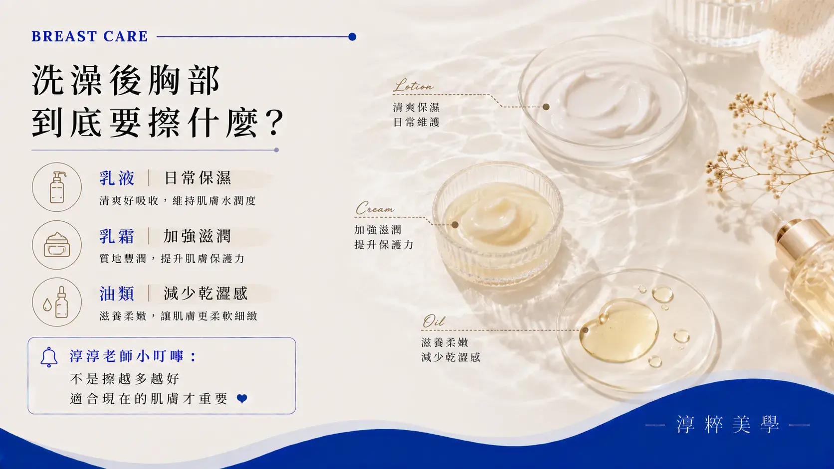 新莊乳房保養分享洗澡後胸部肌膚保養方式,說明乳液、乳霜與油類如何依乾燥程度選擇。新莊乳房保養 洗澡後胸部保養乳液乳霜油怎麼選