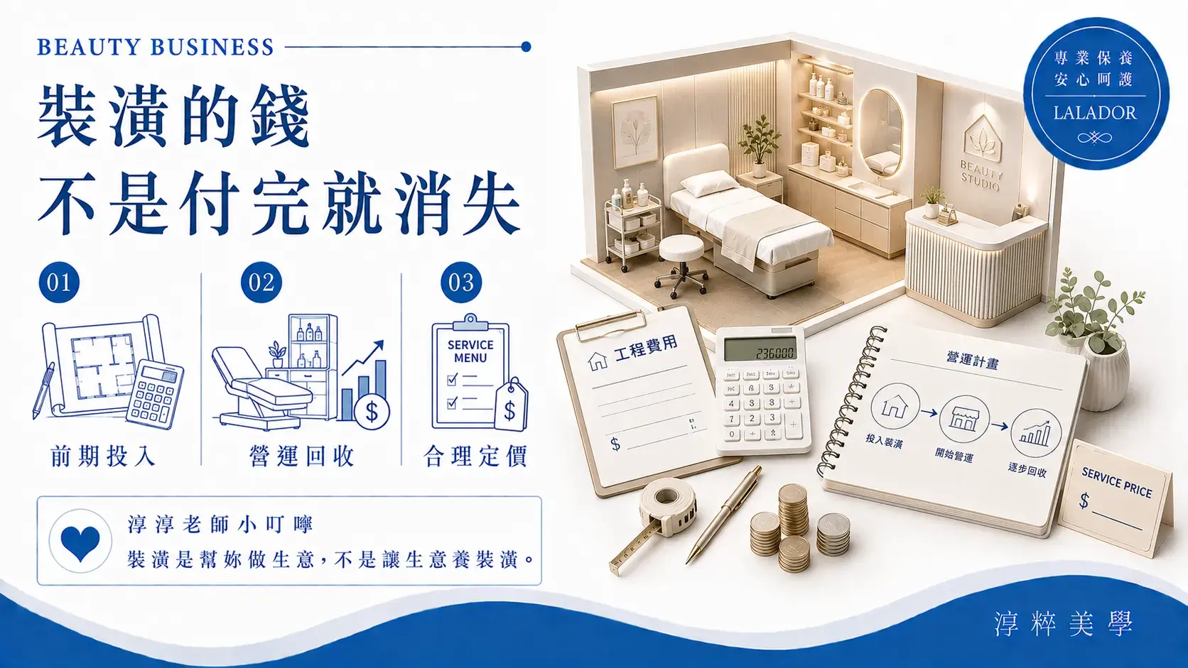 美容工作室裝潢屬於開店前期投入,定價與經營規劃應考量空間成本及後續營運回收Beauty Studio Renovation Cost Pricing