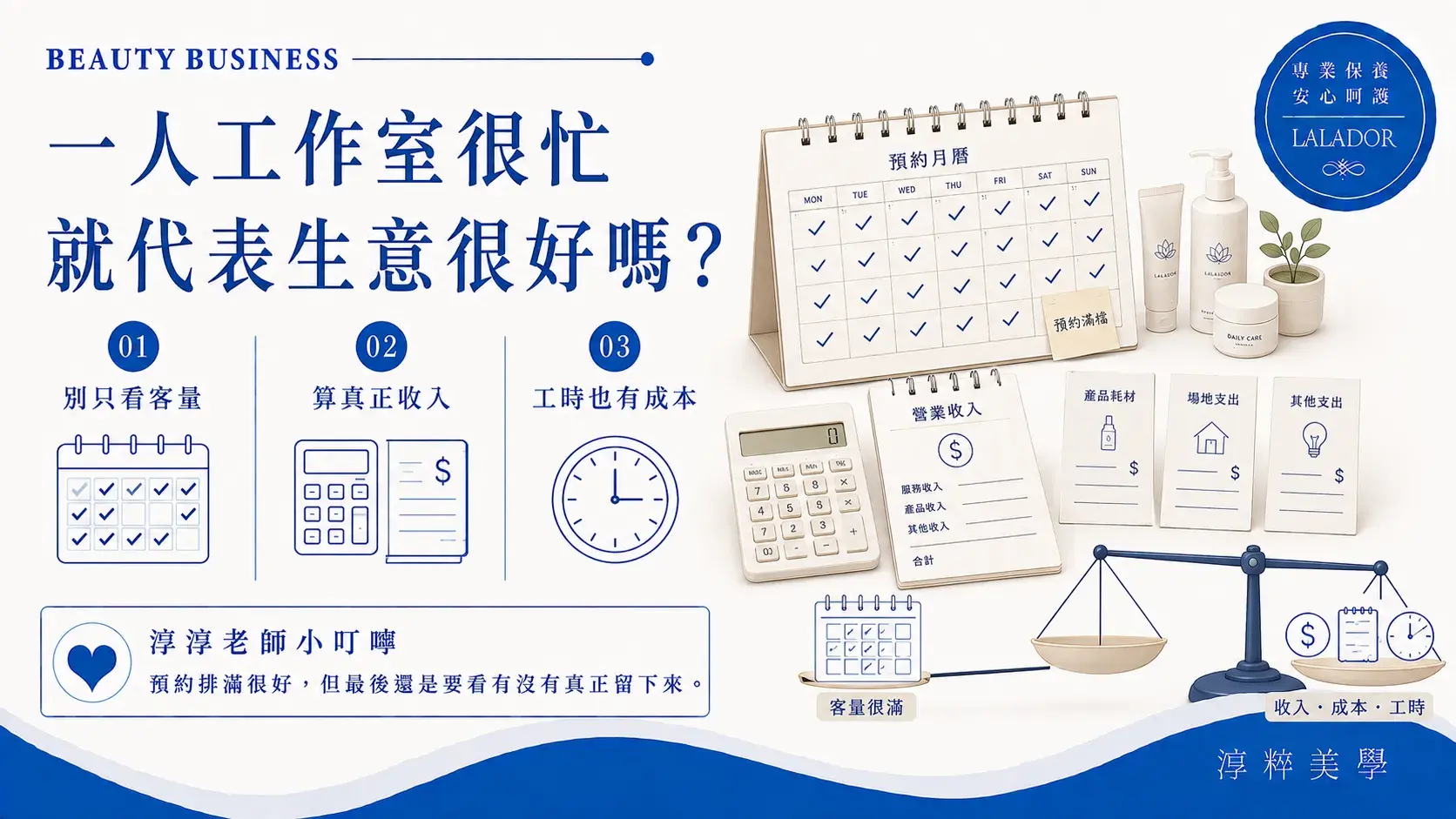 一人美容工作室預約很滿不一定代表經營結果理想，還需要一起評估營業收入、實際成本、工作時間與客人回訪狀況Busy Solo Beauty Studio Business Profit