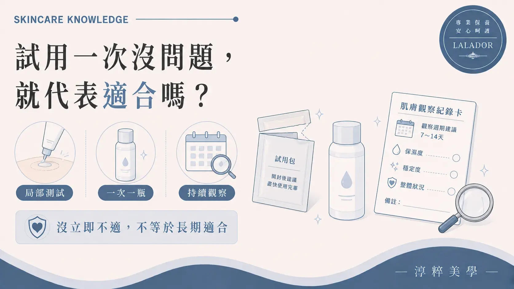 保養品試用包擦一次沒有不適，不代表長期適合，仍要控制用量、一次試一瓶並持續觀察膚況 試用包擦一次沒問題就代表適合嗎 保養品持續觀察 Cropped