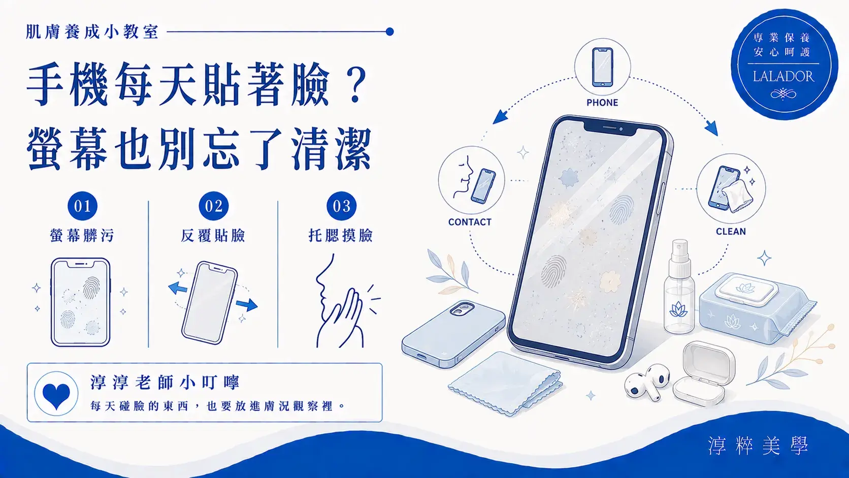手機每天反覆接觸雙手與臉頰，日常可留意手機清潔、手部衛生與摸臉習慣，若持續紅癢脫屑不適應尋求醫療專業評估Phone Face Contact Hygiene Contact Dermatitis Awareness
