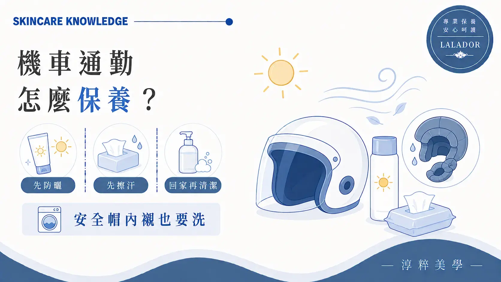 機車族通勤前應做好防曬、抵達後處理汗水，並定期清潔安全帽內襯 機車族每天風吹日曬通勤肌膚保養