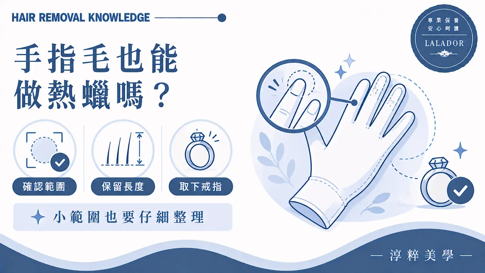 手指毛熱蠟整理注意事項，包含確認服務範圍、保留毛髮長度及預約當天取下戒指Finger Hair Waxing Small Area Cropped