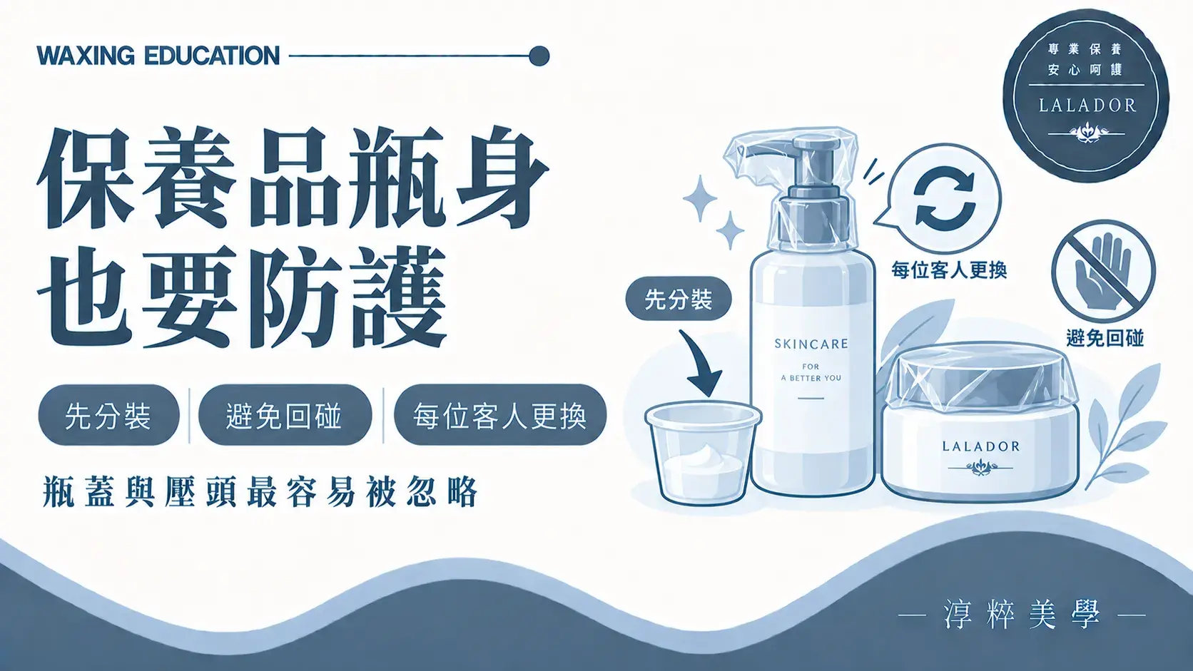 私密熱蠟保養品瓶身、壓頭與瓶蓋使用防護膜並採單次分裝取用Intimate Waxing Product Bottle Barrier